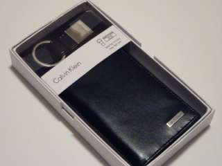 Calvin Klein Mens TRIFOLD Black Leather Wallet Key Fob Set  