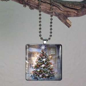 Snowy Christmas Tree Glass Tile Necklace Pendant 596  