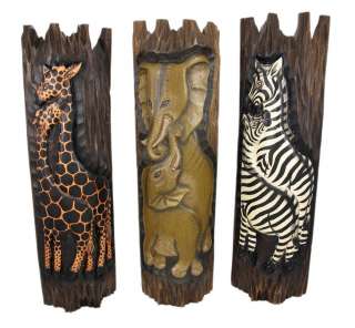 Set Of 3 African Animal Wooden Plank Wall Hangings  
