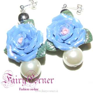 Orecchini donna rosa azzurra ceramica perla bianca  