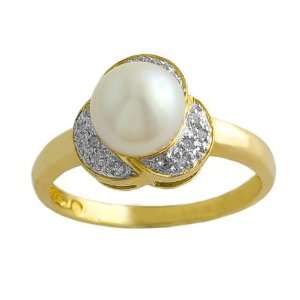   Cultured Pearl & 0.10 Cttw Diamond 14k Yellow Gold Floral Ring Size 7