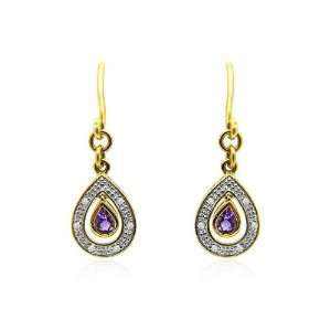  9ct Yellow Gold Amethyst & Diamond Drop Earrings Jewelry