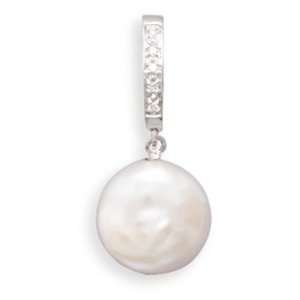   Freshwater Coin Pearl & Diamond Pendant in 14k white gold Jewelry