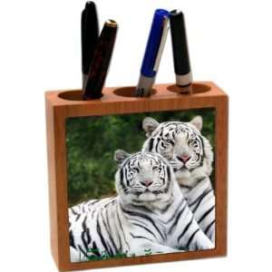  Rikki KnightTM White Tigers 5 Inch Tile Maple Finished Wooden Tile 