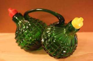Vintage Green Pressed Glass Double Cruet Vinegar/Oil  
