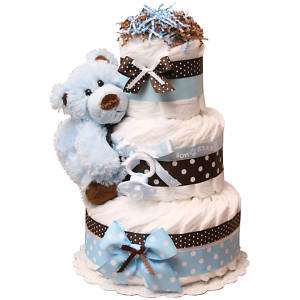 Baby Shower Gift Chocolate Blue Brown Bear Diaper Cake  