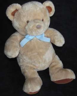   One Year Tan TEDDY BEAR Blue Gingham Bow Plush Stuffed Baby Toy  