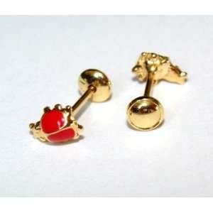 BABY /TODDLERS 18K SKILLUS GOLD RED BEETLE BUG STUD EARRINGS WITH 