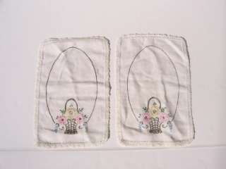 Vintage Linen Hand Embroidered Doily Set Flower Basket