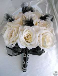 Wedding flowers Bridal Silk bouquet IVORY BLACK FEATHERS 17pc bouquets 