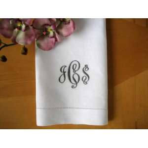  Monogrammed White Linen Hand Towel w/3 Initials Font B 