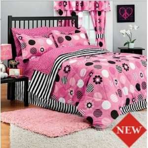   Black Polka Dots & Stripes Twin Comforter Set (6 Piece Bed In A Bag