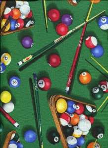 POOL BILLIARDS RACK BALLS CUES ON GREEN Cotton Fabric BTY Quilting 