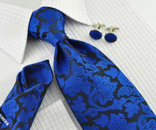   blue florals ties woven silk mens neckties set cufflinks 155  