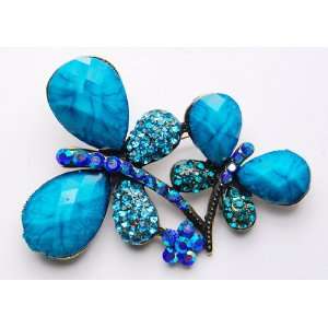   Beaded Metallic Tone Blue Double Couple Dragonfly Costume Twins Brooch