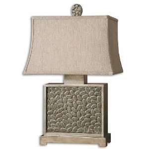   Cabry Lamp In Mossy Green Glaze On A Ceramic Base Shaped Like Pebbles