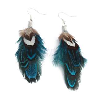 New Elegant Style Blue Feather Earrings Silver Plated Dangle Drop 