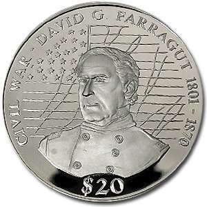   Liberia 2000 20 Dollars Silver Proof Adm. David Farragut Toys & Games