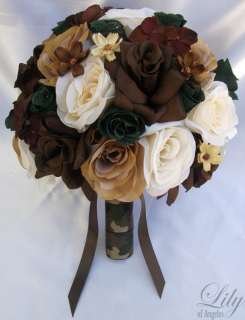 17pcs Wedding Bridal Bouquet Silk Flower CAMO Camouflage Bride IVORY 