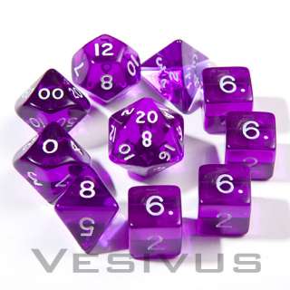 DICE Gem PURPLE AMETHYST Transparent Set 10pc d20 d12 d10 d8 d6 d4 