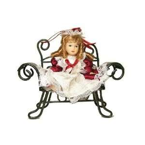 Collectable Porcelain Doll on Park Bench with Red and White Dress, 5 