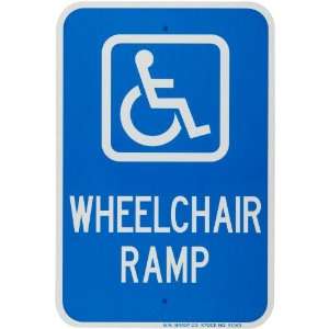   White on Blue Handicapped Sign, Legend Wheelchair Ramp (with Picto