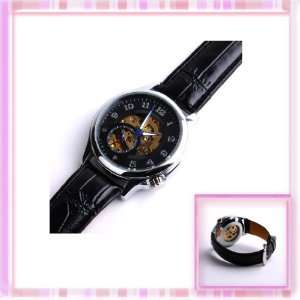   Mechanical Skeleton Watch Hand Wind Up Dial Black Leather Strap W0113