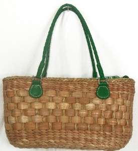 Liz Claiborne Straw Satchel Handbag/Purse Green Signature Corn Husk 