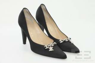 Celine Black Satin And Silver Charm Pointed Toe Heels Size 38  