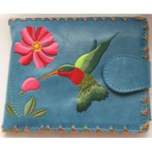  Hummingbird and Flowers Embroidery Wallet Blue Medium 