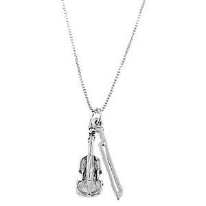    Sterling Silver One Sided Violin with Bow Necklace Jewelry