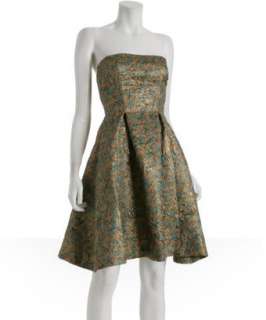 Cynthia Rowley blue gold silk brocade strapless dress   up to 