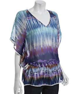 style #315736101 purple and blue abstract striped chiffon tunic blouse