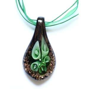   Glass Leaf Beads with Flowers Pendant Necklace 