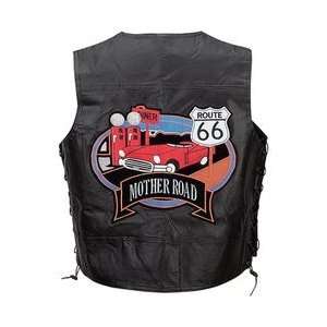  Leather Biker Vest With Route 66 Theme Patches Large Arts, Crafts