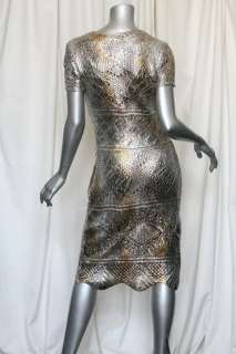OSCAR DE LA RENTA *SILVER+GOLD* SILK Crochet Dress M  
