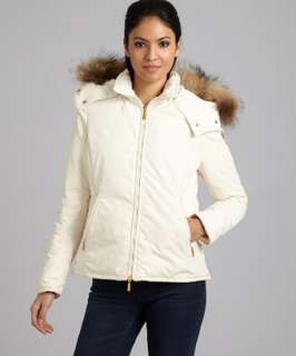 Moncler ivory zip front Amiens fur trim hooded jacket   up 