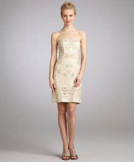 Sue Wong champagne embroidered strapless party dress
