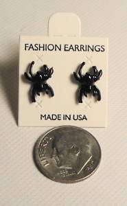 Vintage 60s Halloween Black Spider Enamel Pierced Earrings  