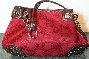 KATHY VAN ZEELAND Brick Red Brocade Fabric with Brown Leather Handbag 