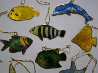 SMALL HAND PAINTED CAPIZ SHELL TROPICAL FISH CHRISTMAS ORNAMENTS 