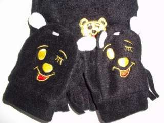   FLEECE SET HAT MITTENS SCARF BLACK YELLOW SMILEY FACE BABY EARS  