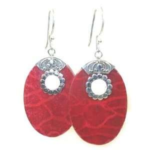    Oval Red Coral and Sterling Silver Earrings