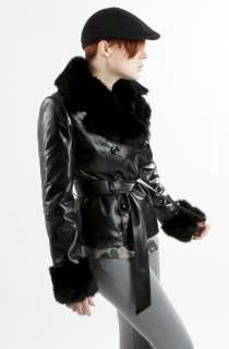United Face Womens New Black Leather Rabbit Fur Short Trench Jacket S 