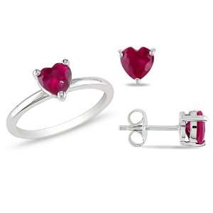   Silver 3 CT TGW Heart Created Ruby Set Of Earring and Ring Jewelry