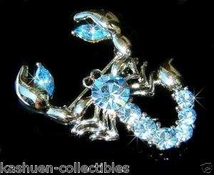 Swarovski Crystal BLUE SCORPION KING insect pin Rhodium Brooch 