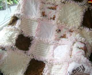 Baby Girl Rag quilt ~pink brown teddy bears & chenille  