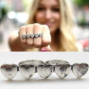   Silver 5 Heart Double fingers Two Retro Style Ring Adjustable HOT