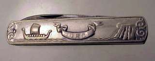   830 Silver Cased Pocket Knife w/ Viking Ship & Fjords Norge  