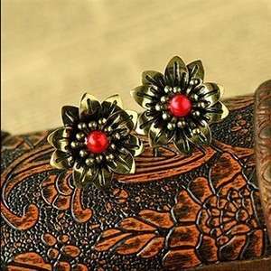  Arrived Vintage Style Copper Exquisite Flower Red Bead Stud Earrings 